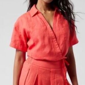 Athleta Linen Playa Tie Wrap Top Coral Short Sleeve Cropped Shirt Size SP